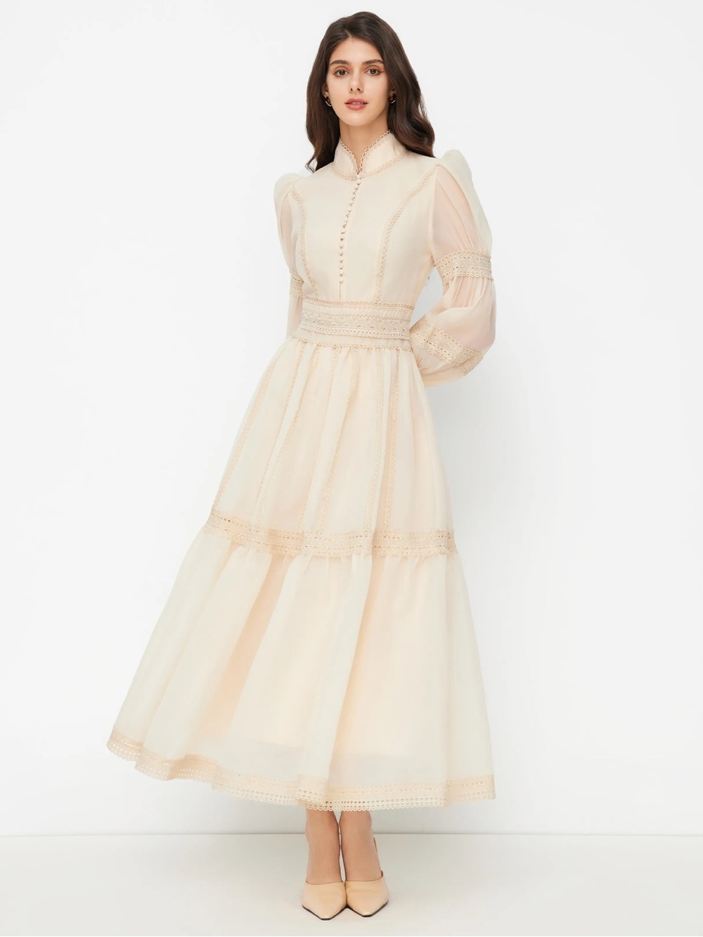 NWT CIDER CHIFFON HIGH NECK CONTRASTING LACE CINCHED WAIST A-LINE MAXI DRESS